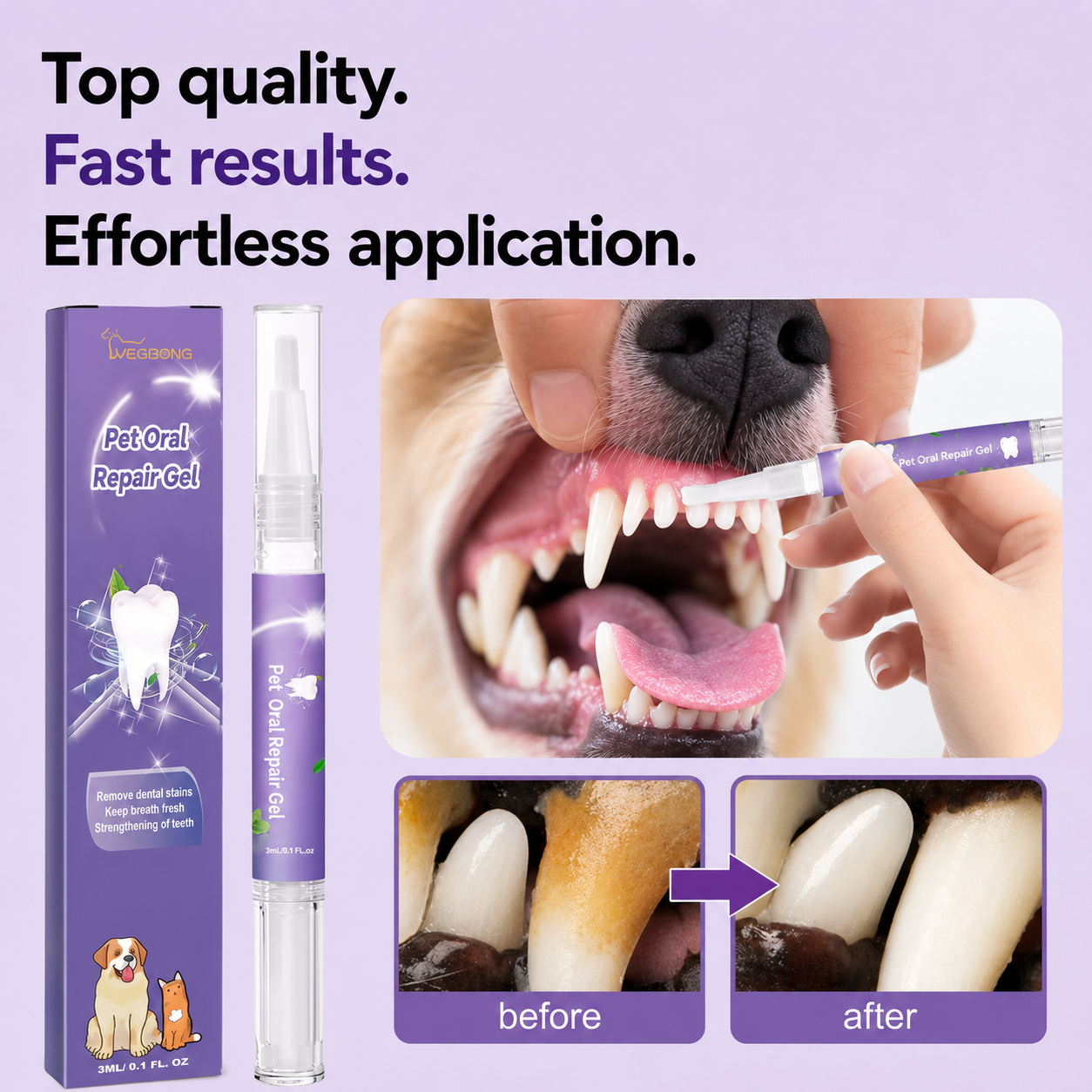 Pet Oral Repair Gel pen, packaging, and before/after collage