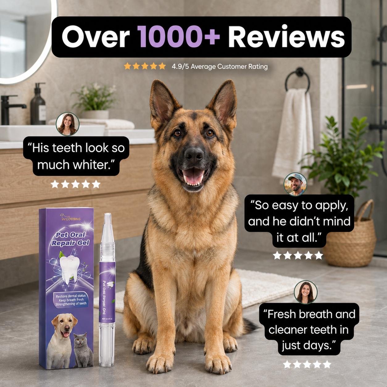 Happy German Shepherd with product and customer review quotes